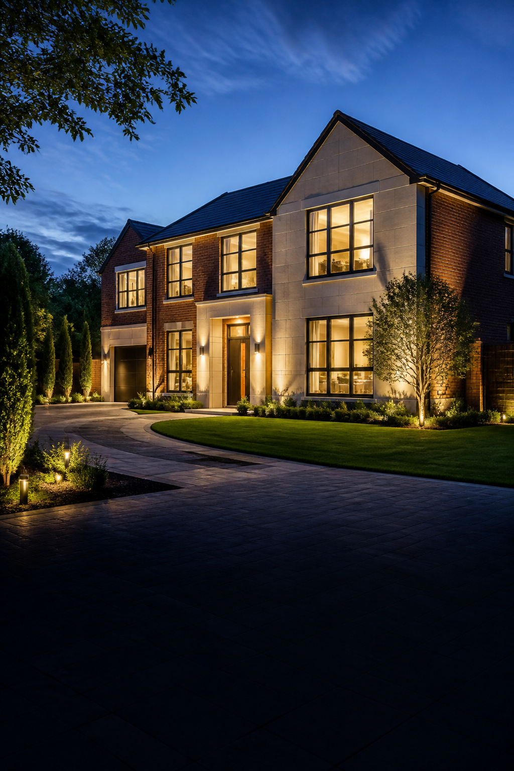 Fictional contemporary British house at dusk